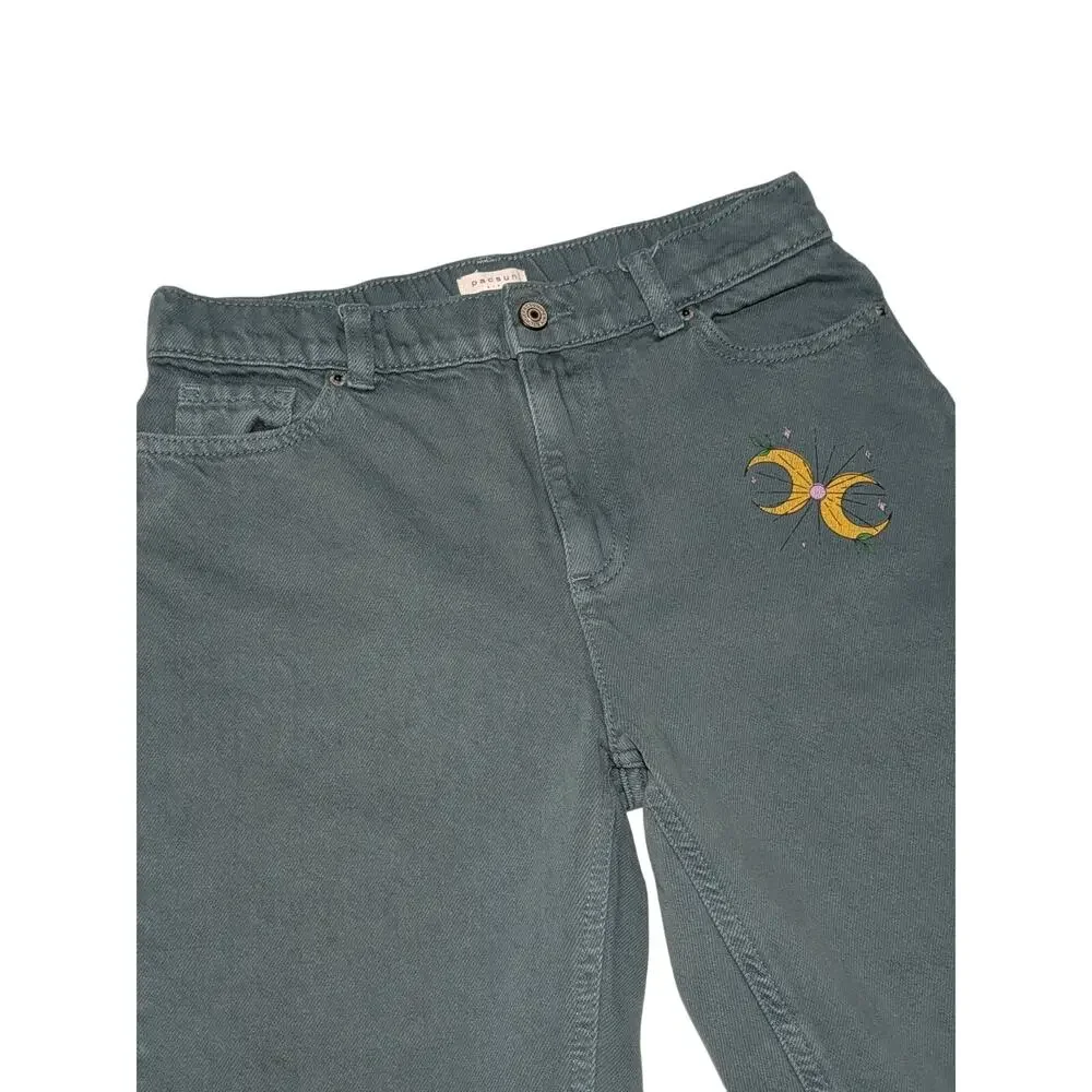 PacSun Kids Girls Size 12 Embroidered Celestial Cactus Jogger Jeans Gray Green